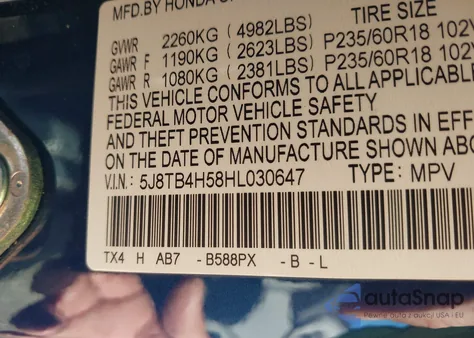 2017 Acura Rdx Technology Acurawatch Plus Packages/W/Technology Package from USA, damaged, VIN 5J8TB4H58HL030647